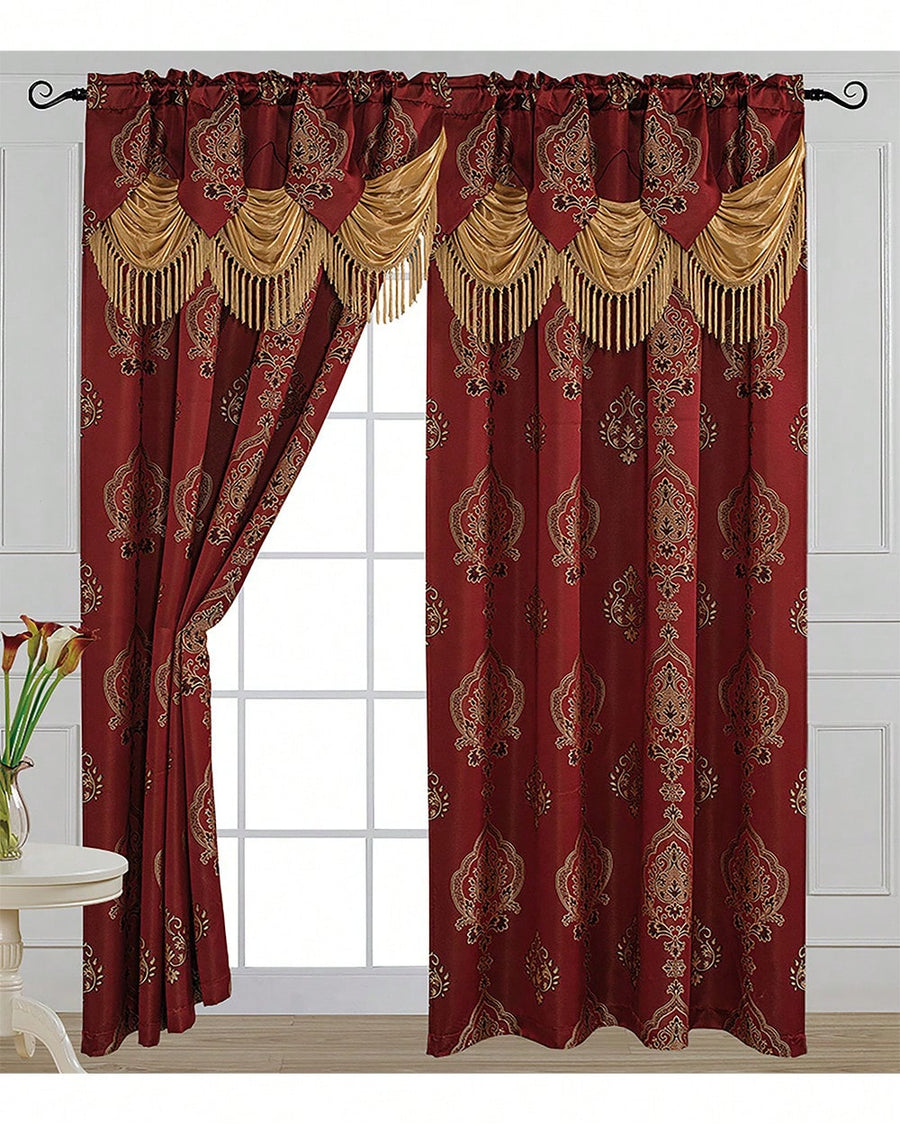 Luxury Fancy Jacquard Design Room Darkening Curtain Panel With Attached Waterfall Valance, 54 By 84-Inch Solid Plain Colors Rod Pocket Modern Semi Blackout For Living Room Bedroom And Dining Room