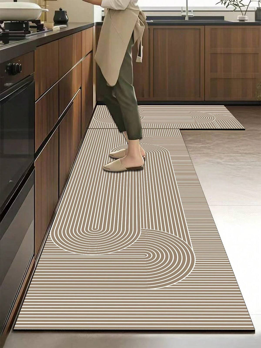 1pc Diatomaceous Earth Wabi-Sabi Style Kitchen Mat, White Curved Ring Abstract Geometric Line, 3.5mm Thick Cuttable, Absorbent Anti-Slip Dirt-Resistant, Kitchen Bathroom Entryway Living Room Decor Foot Mat, Bathroom Hallway Anti-Slip Door Mat
