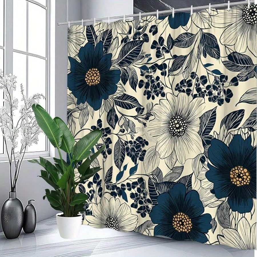 1pc Vintage Floral Shower Curtain In Navy Blue And Beige, Featuring Botanical Designs. It , Is Made Of Machine Washable Polyester