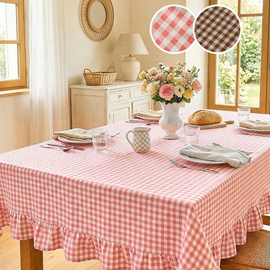 1pc French Retro Plaid Tablecloth, Farmhouse Vintage Style With Ruffle Trim, Skin-Friendly Washable Reusable, Suitable For Home Kitchen Dinner, Outdoor Activities, Living Room, Dining Room, Party, Daily Decor